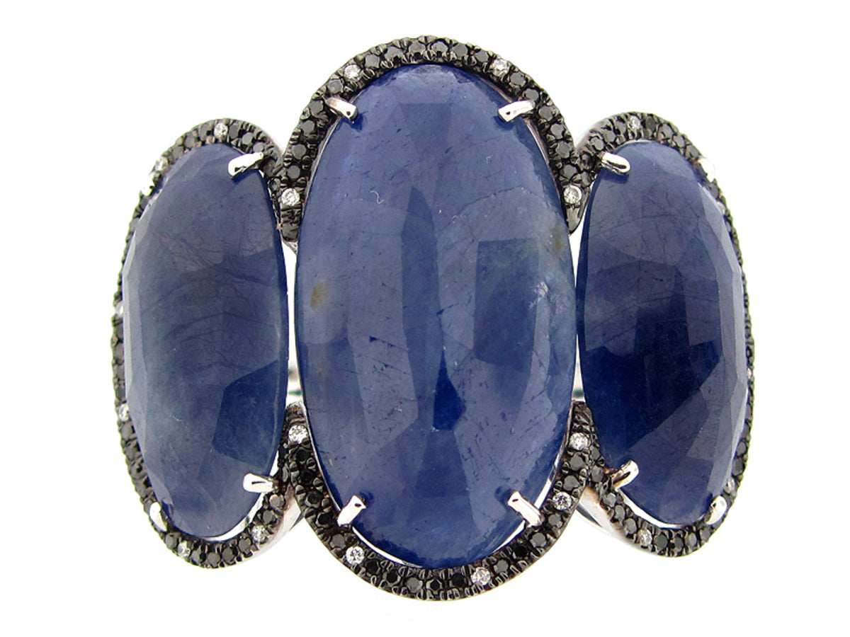 ROSE CUT SAPPHIRE, BLACK & WHITE DIAMOND RING
