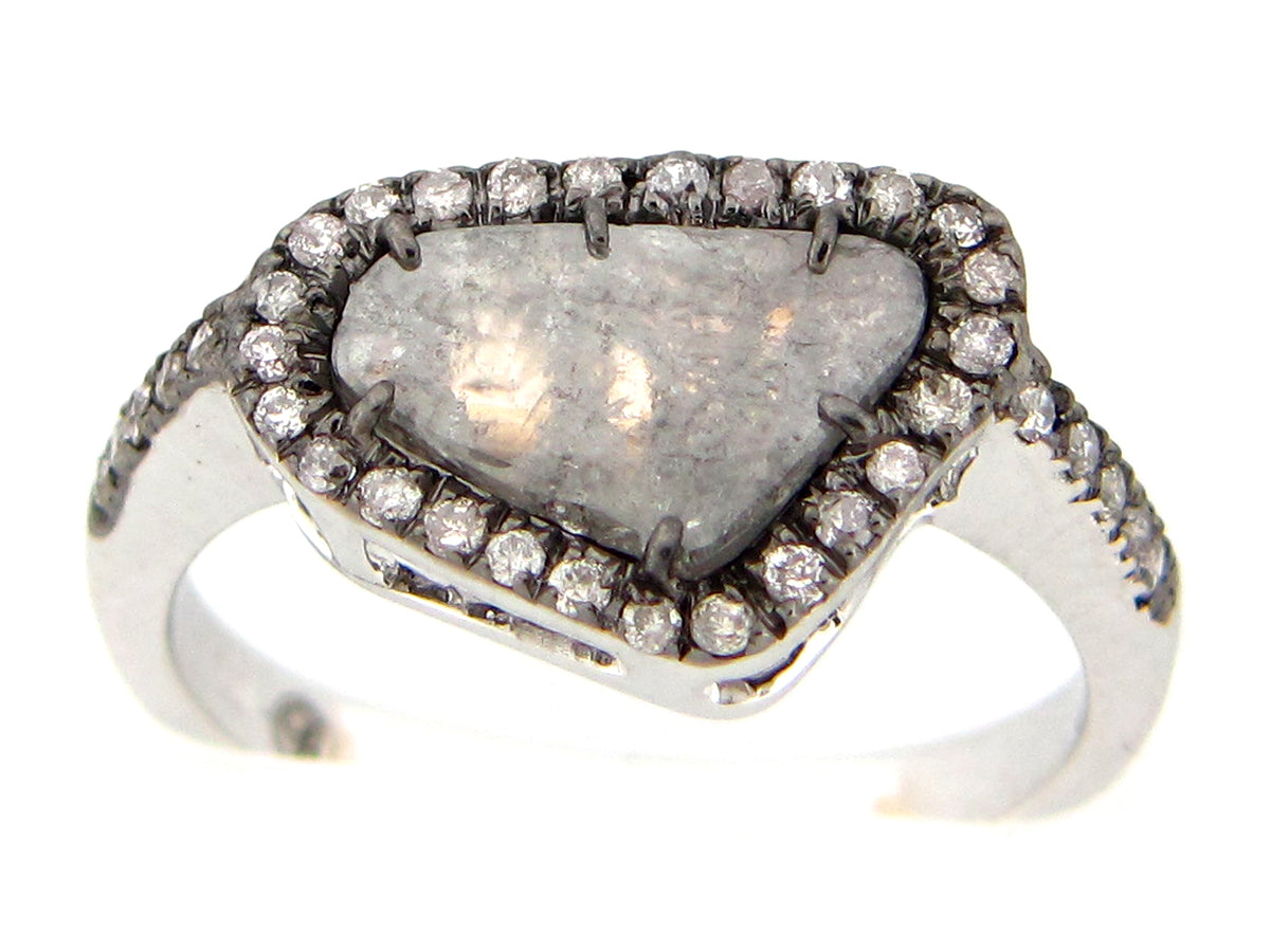 ROSE CUT SLICE GRAY DIAMOND RING, 18KW (N)