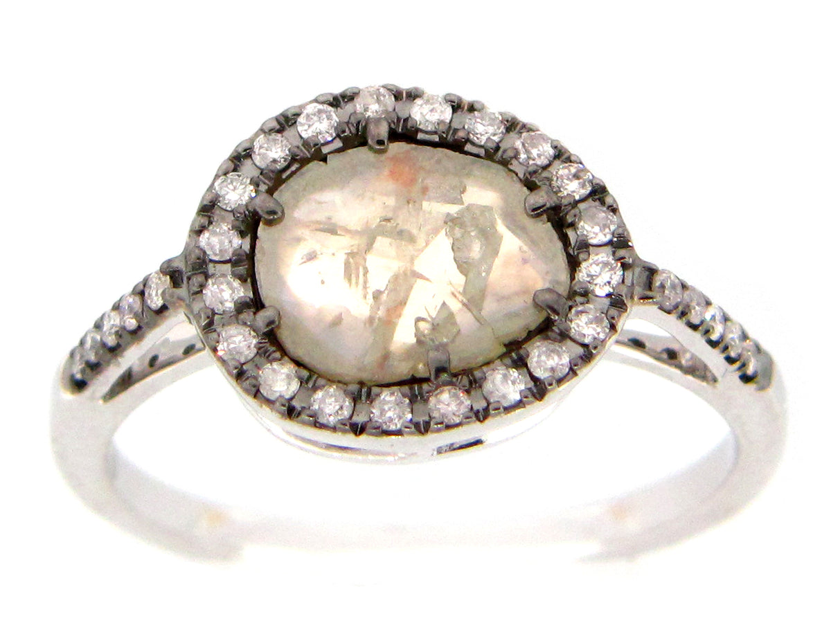 ROSE CUT SLICE GRAY DIAMOND RING, 18KW (N)