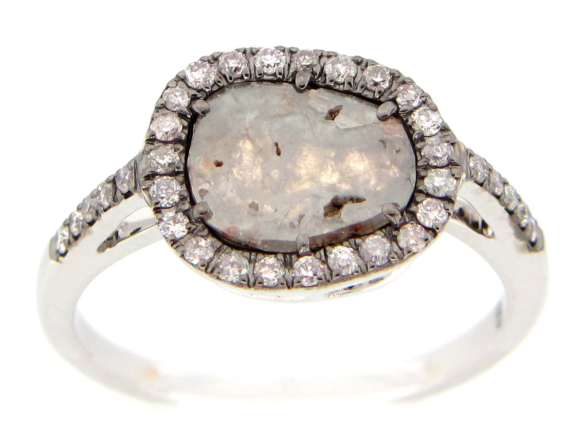 ROSE CUT SLICE GRAY DIAMOND RING, 18KW (N)