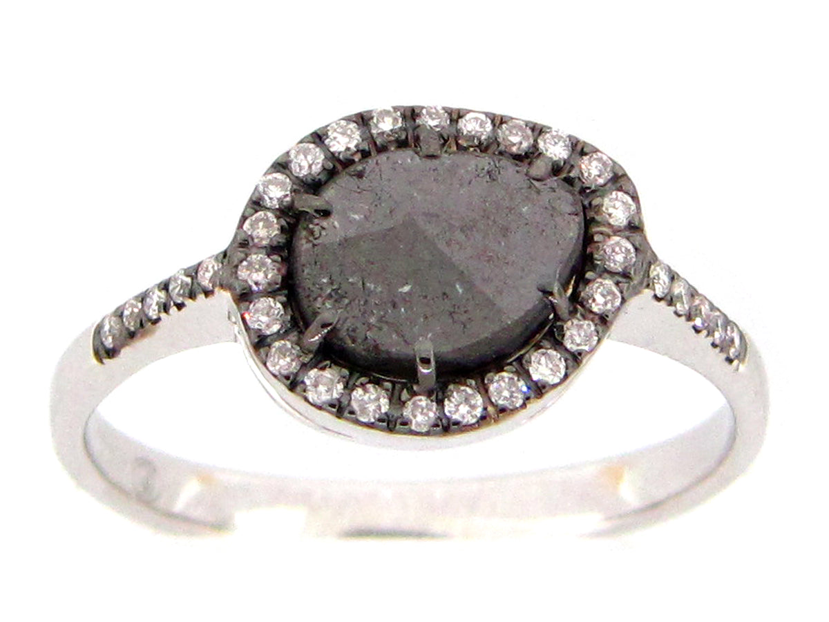 ROSE CUT SLICE BLACK DIAMOND RING, 18KW (N)
