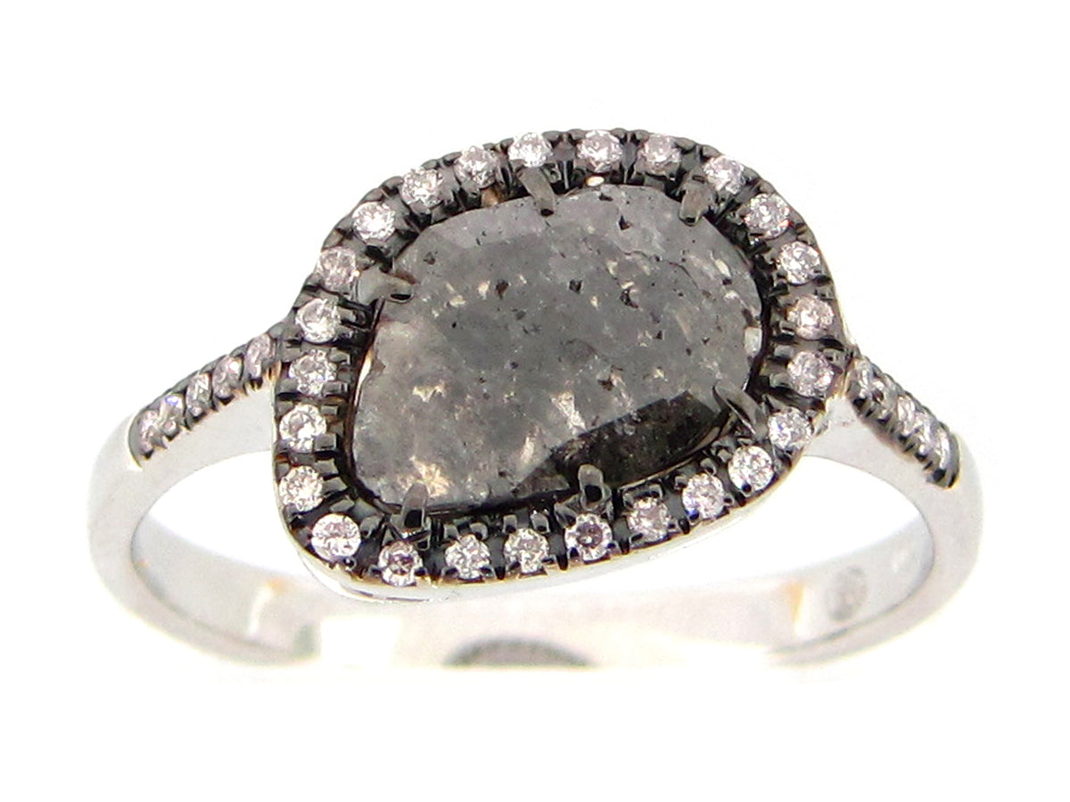 ROSE CUT SLICE GREY DIAMOND RING, 18KW (N)