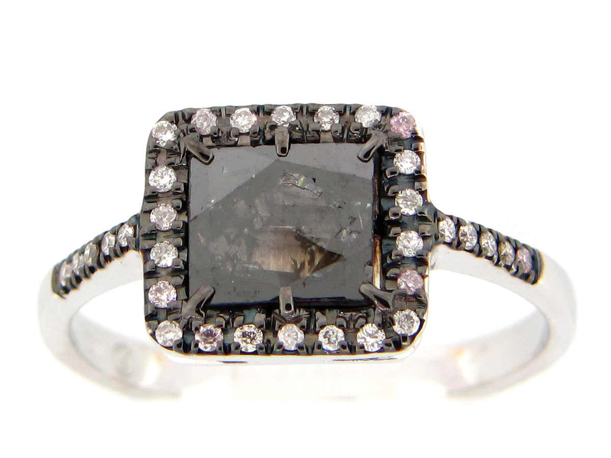 ROSE CUT SLICE BLACK DIAMOND RING, 18KW (N)