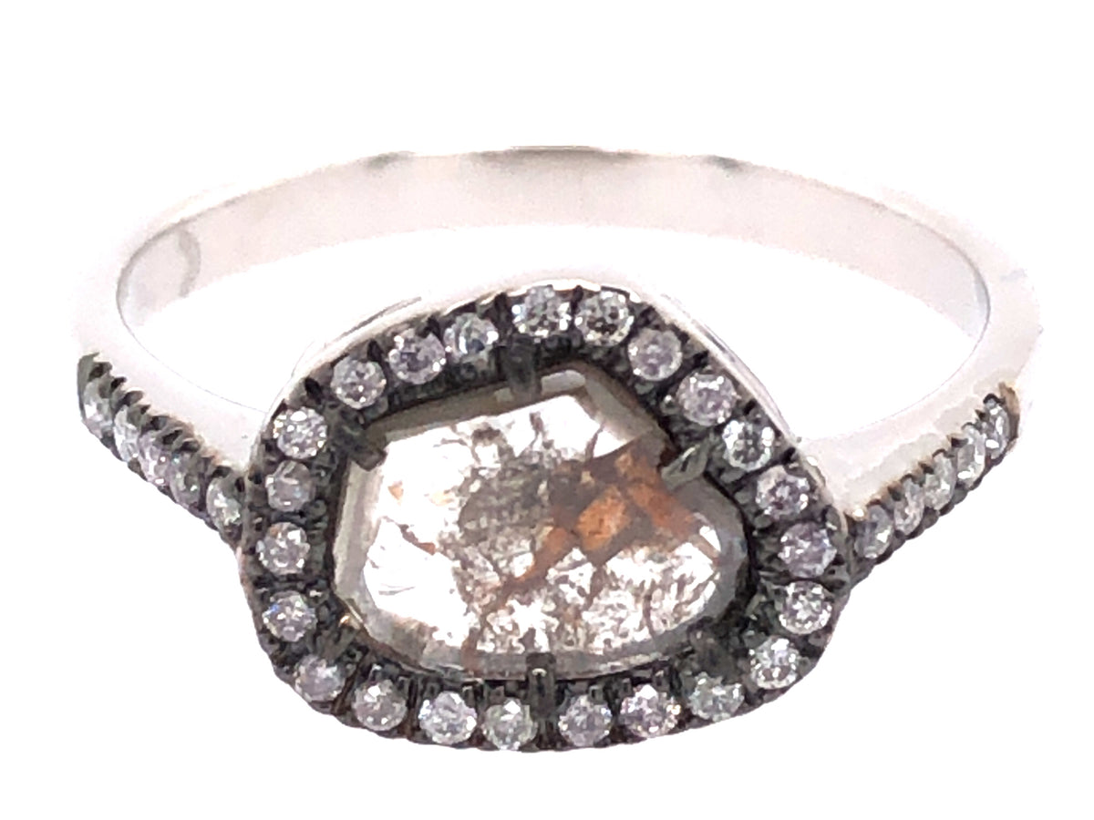 ROSE CUT SLICE GREY DIAMOND RING, 18KW (N)