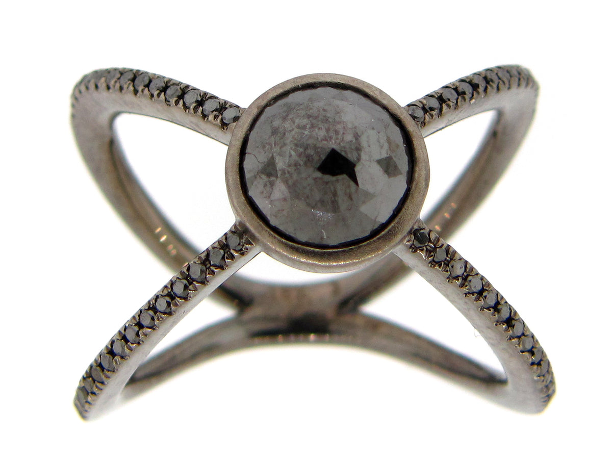 ROSE CUT BLACK DIAMOND BEZEL CENTER ROUND X RING, 18K BLACK FINISH (R)