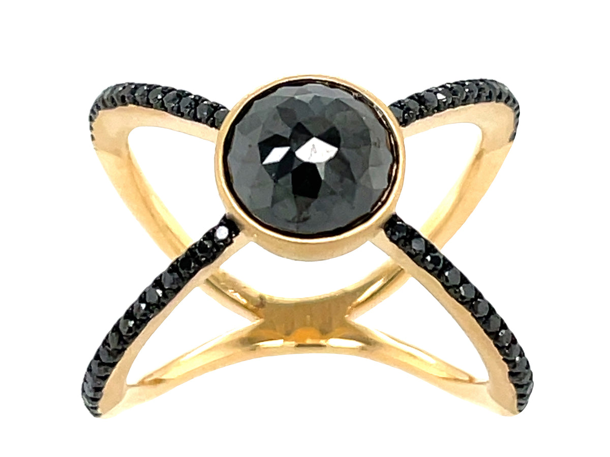 ROSE CUT BLACK DIAMOND BEZEL CENTER ROUND X RING, 18KY (R)
