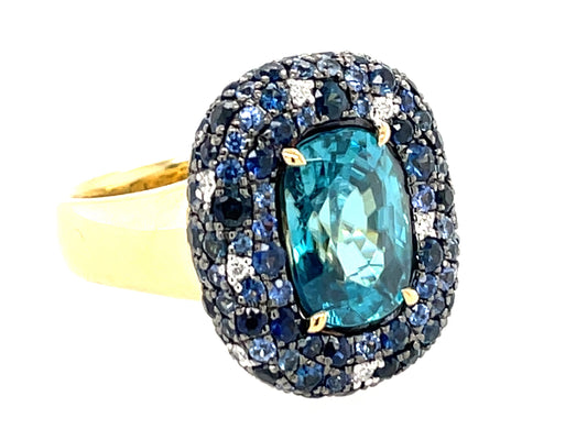 Blue Zircon Cushion Center, Sapphire Diamond Pave Halo Ring