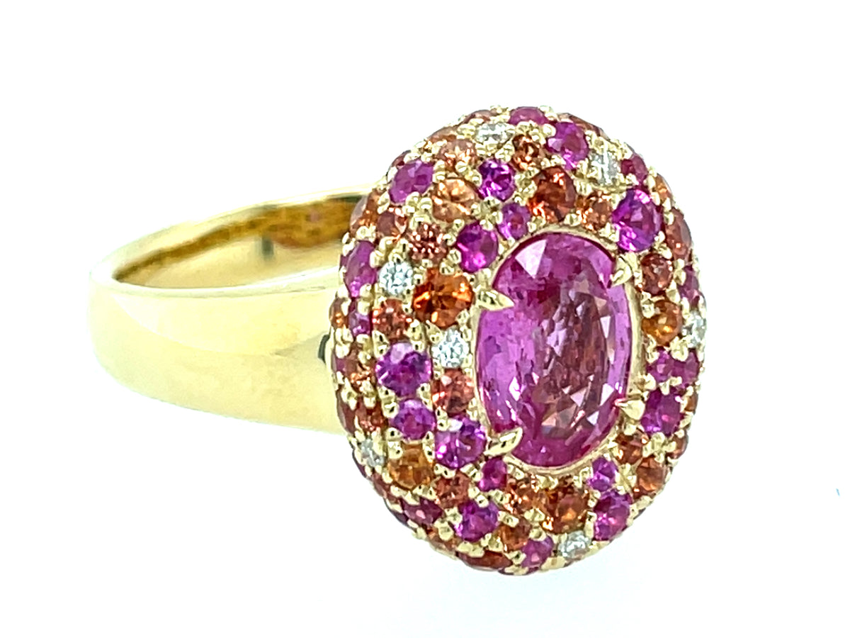 Pink Sapphire Oval Center, Pink Orange Sapphire Diamond Pave Halo Ring