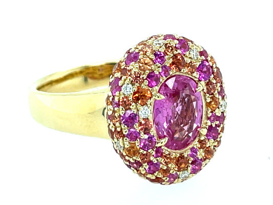 Pink Sapphire Oval Center, Pink Orange Sapphire Diamond Pave Halo Ring