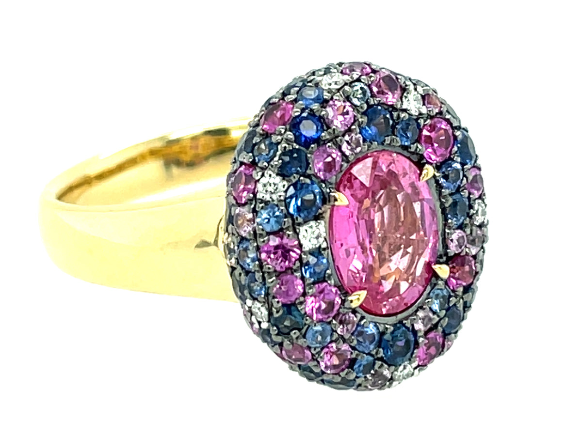 Pink Sapphire Oval Center, Blue Pink Sapphire Diamond Pave Halo Ring