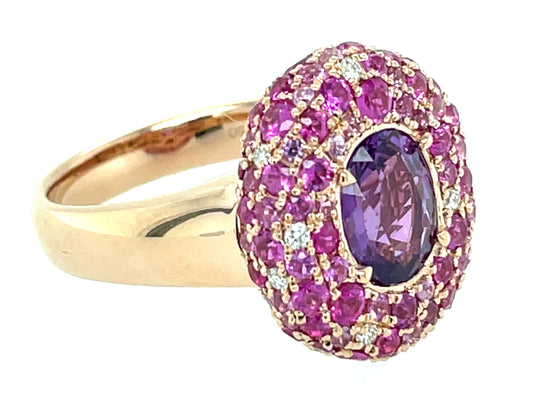 Purple Sapphire Oval Center. Pink Sapphire Diamond Pave Halo Ring