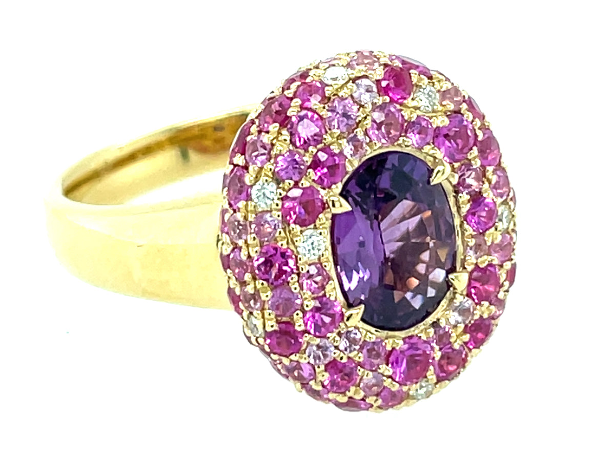 Purple Sapphire Oval Center, Pink Sapphire Diamond Pave Halo Ring