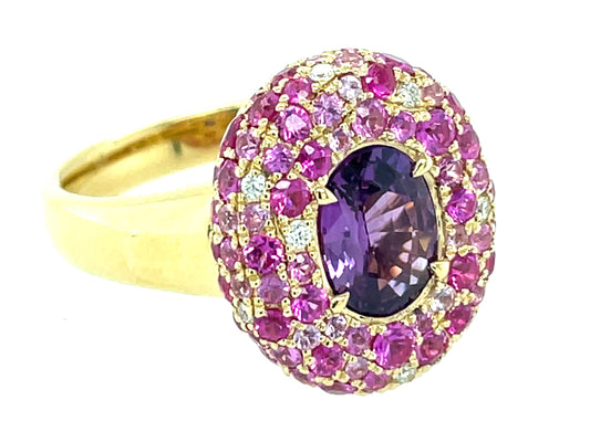Purple Sapphire Oval Center, Pink Sapphire Diamond Pave Halo Ring