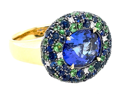 Tanzanite Oval Center, Sapphire, Tsavorite Diamond Pave Halo Ring