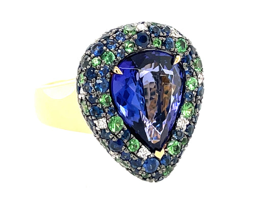 Tanzanite Pear Center, Sapphire, Tsavorite Diamond Pave Halo Ring