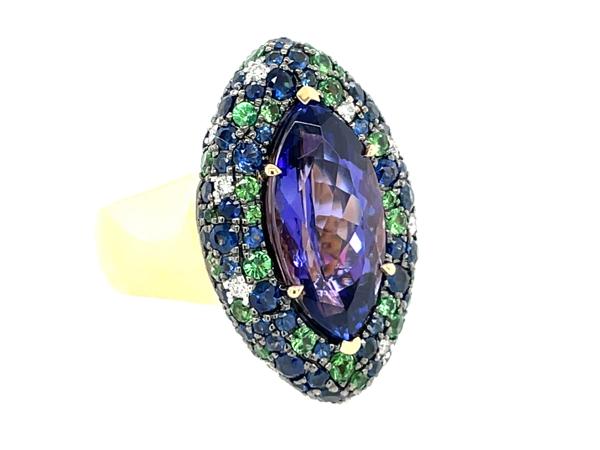 Tanzanite Marquise Center, Sapphire, Tsavorite Diamond Pave Halo Ring