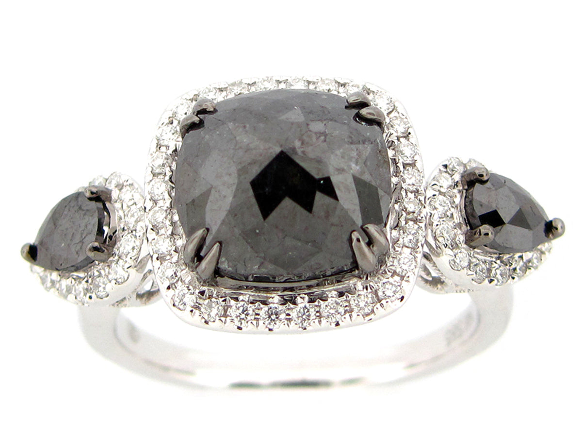 ROSE CUT BLACK & WHITE DIAMOND RING, 14KW (R)