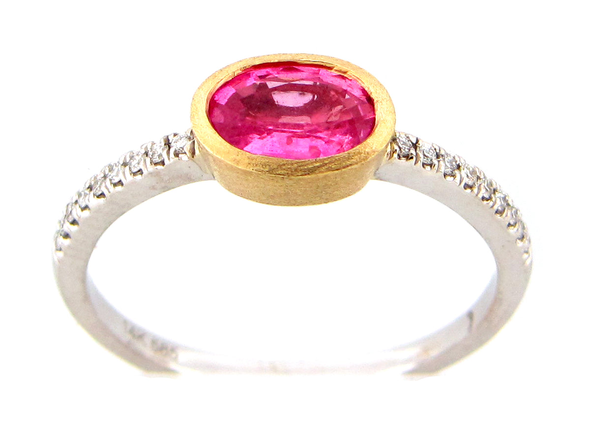 PINK SAPPHIRE OVAL & DIAMOND RING, SATIN BEZEL, 14KWY (H)