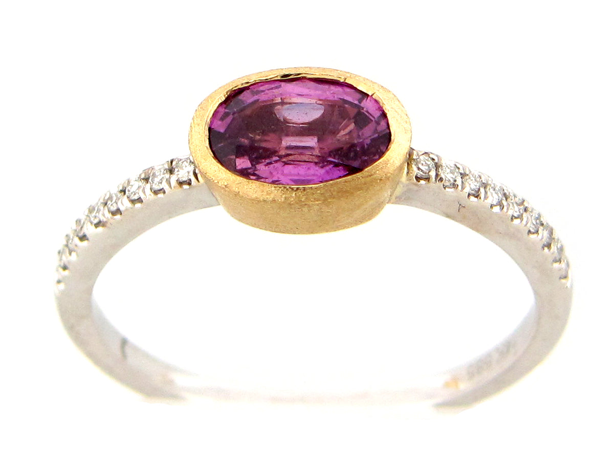 PURPLE SAPPHIRE OVAL & DIAMOND RING, SATIN BEZEL, 14KWY (H)