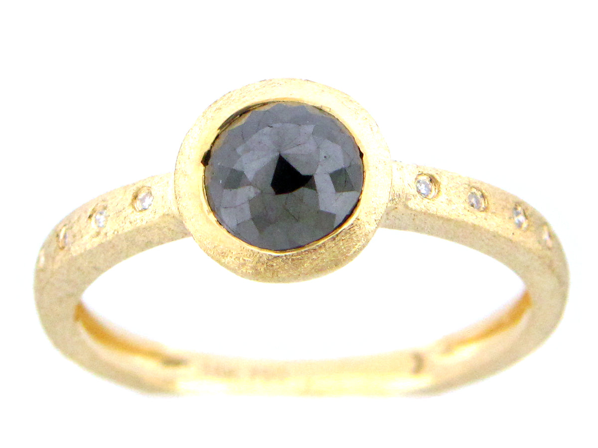 ROSE CUT BLACK & WHITE DIAMOND RING, SATIN FINISH, 18KY (R)