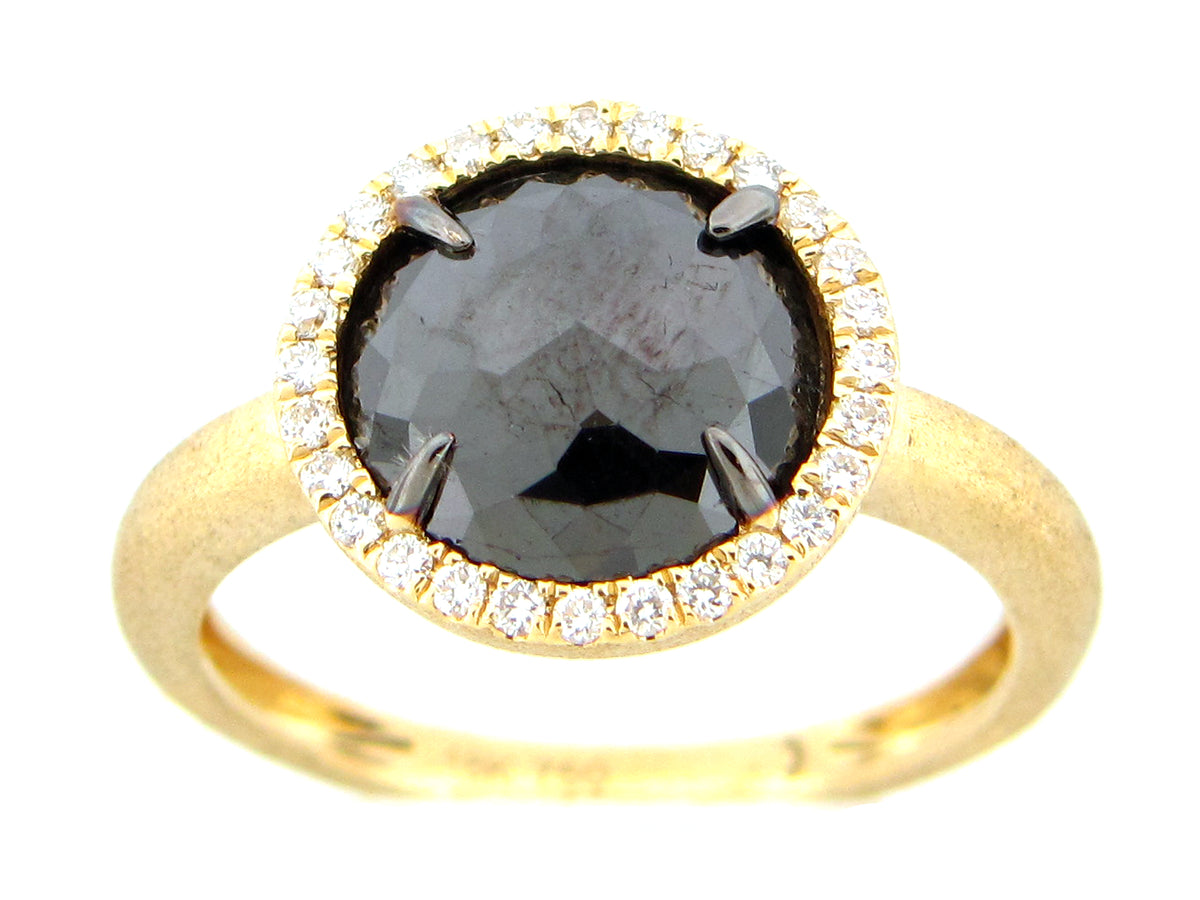 ROSE CUT BLACK & WHITE DIAMOND RING, 18KY (H)