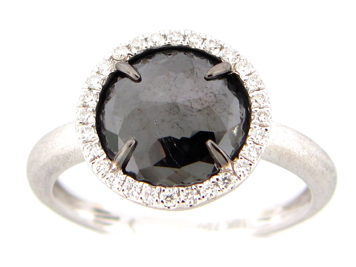 ROSE CUT BLACK & WHITE DIAMOND RING, 18KW (H)