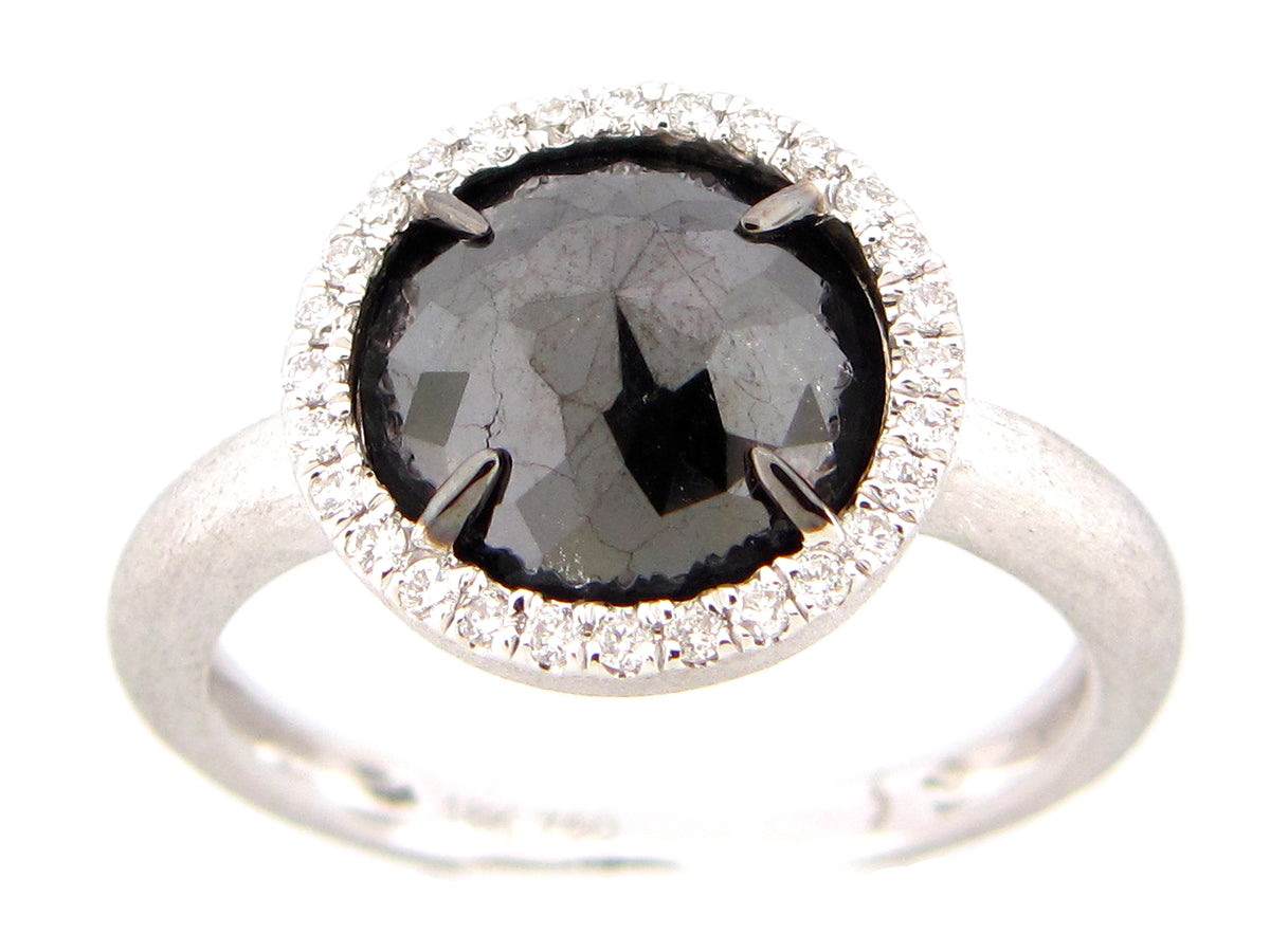 ROSE CUT BLACK & WHITE DIAMOND RING, 18KW (H)