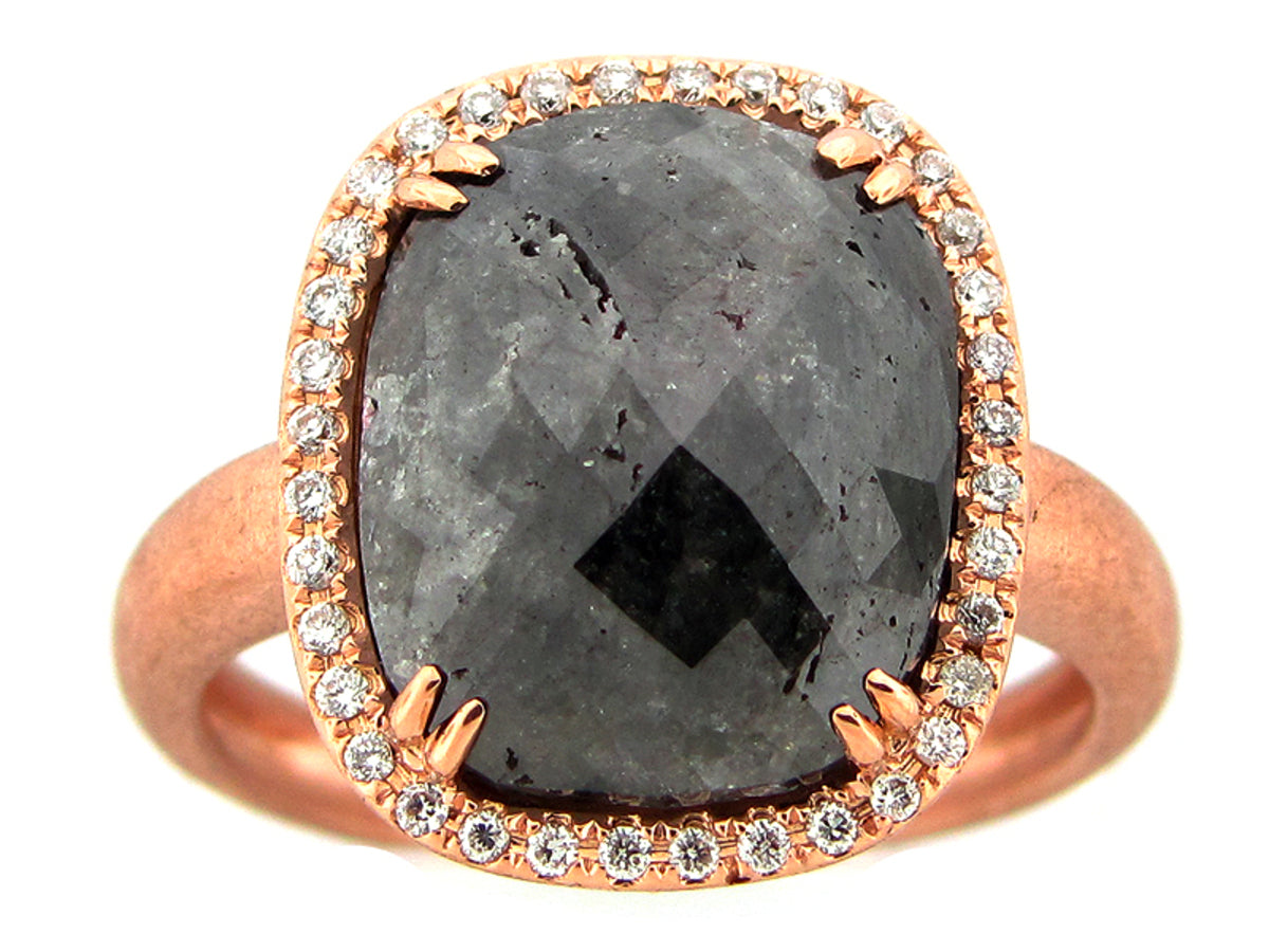 ROUGH ROSE CUT GRAY BLACK DIAMOND RING, MATTE FINISH, 18KR (N)