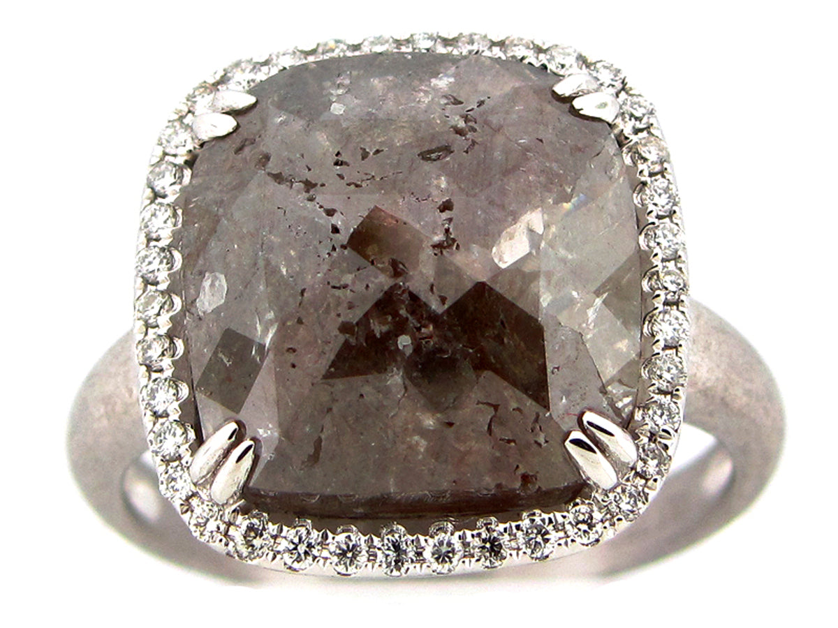 ROUGH ROSE CUT GRAY & WHITE DIAMOND RING, MATTE FINISH, 18KW (N)
