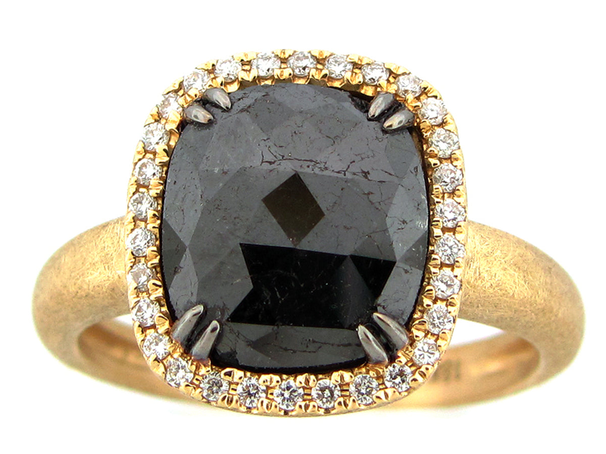 ROUGH ROSE CUT BLACK & WHITE DIAMOND RING, MATTE FINISH, 18KY (N)