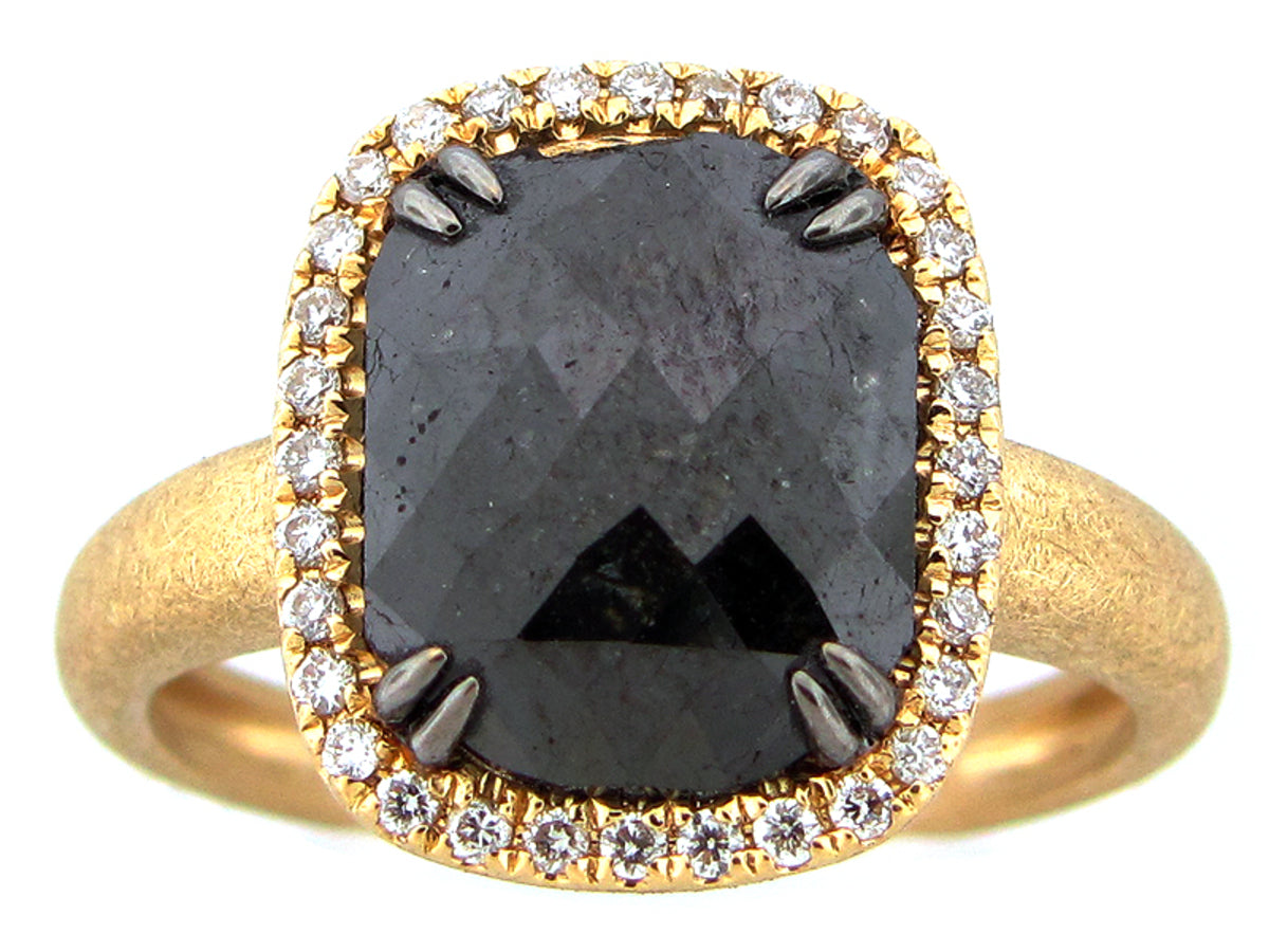ROUGH ROSE CUT BLACK & WHITE DIAMOND RING, MATTE FINISH, 18KY (R)