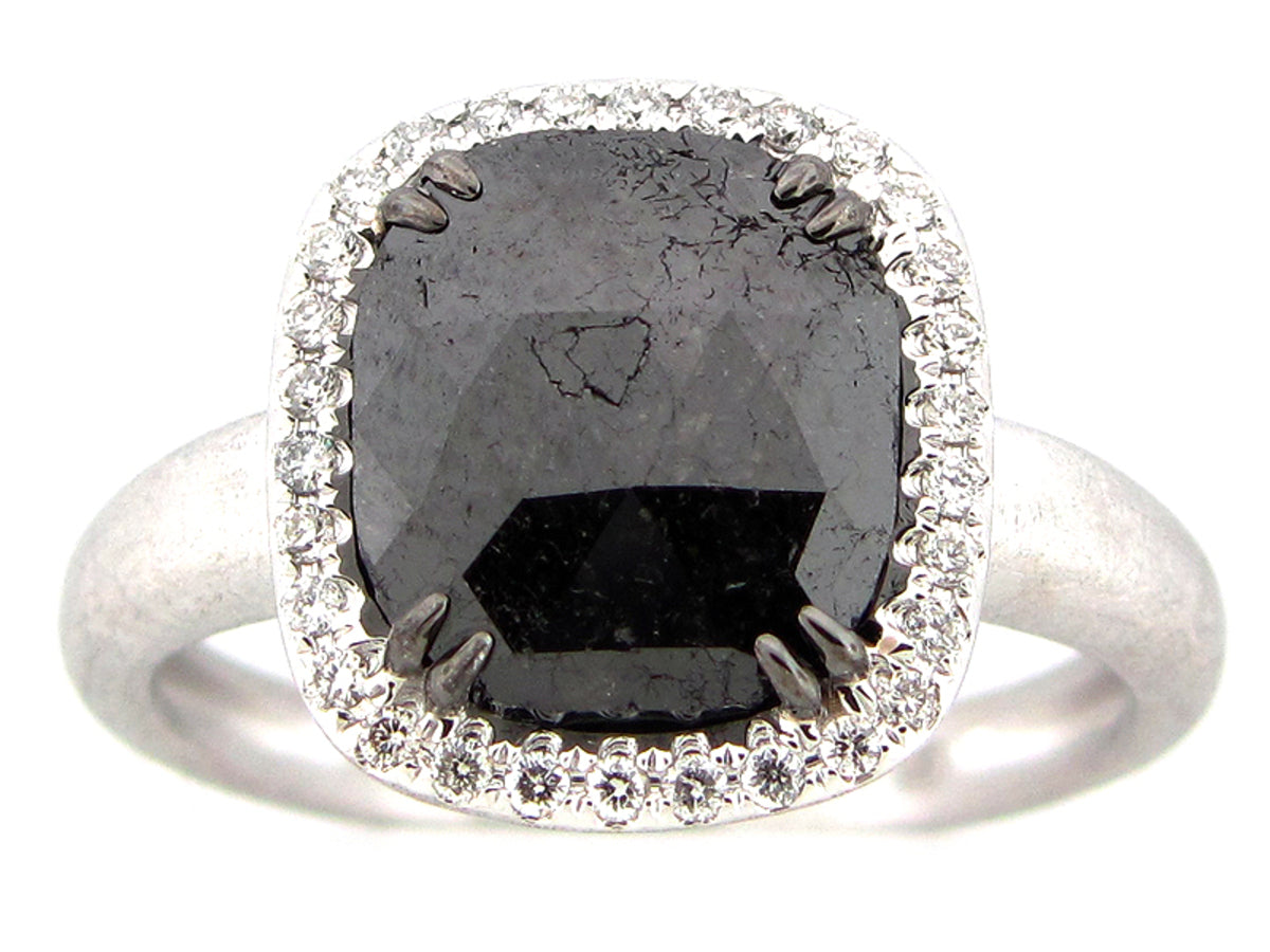 ROUGH ROSE CUT BLACK & WHITE DIAMOND RING, MATTE FINISH, 18KW (N)