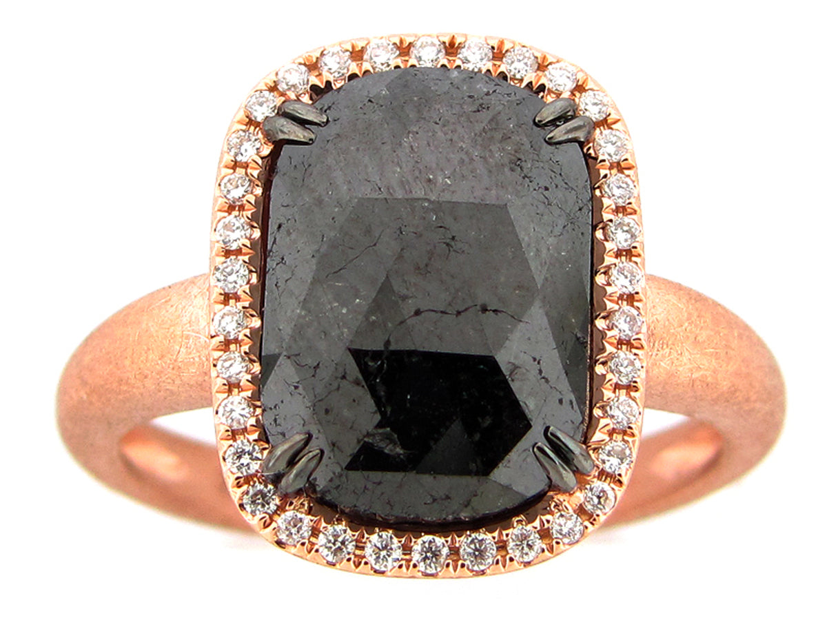 ROUGH ROSE CUT BLACK & WHITE DIAMOND RING, MATTE FINISH, 18KR (N)
