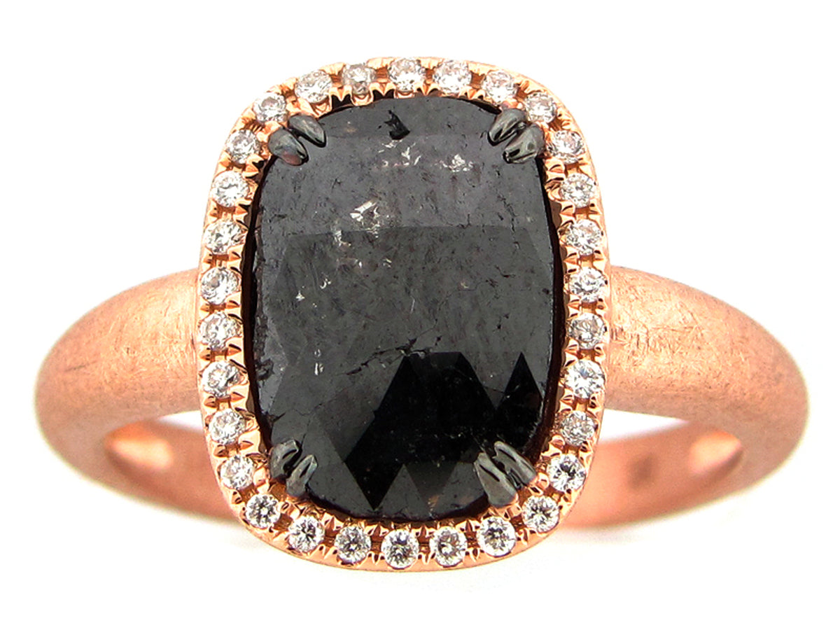 ROUGH ROSE CUT BLACK & WHITE DIAMOND RING, MATTE FINISH, 18KR (N)