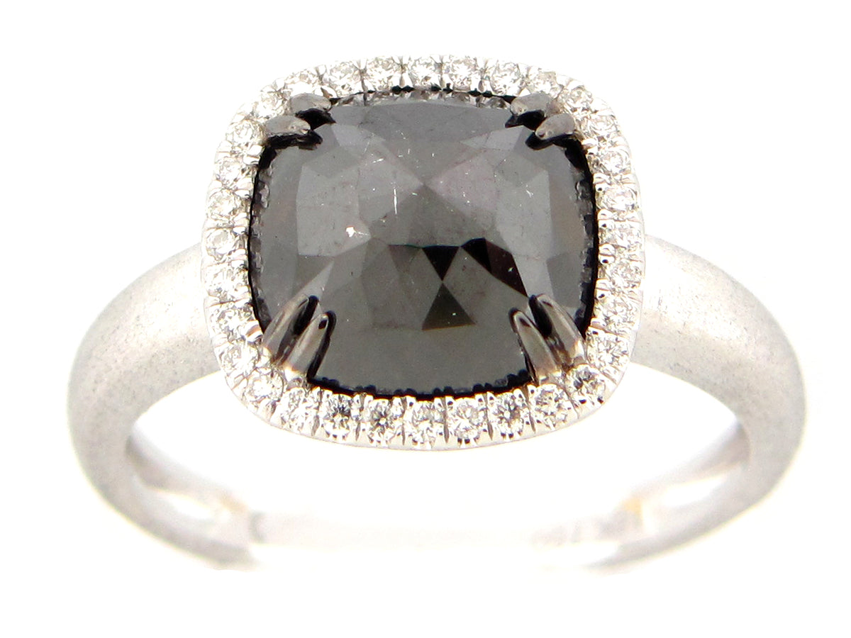 ROSE CUT BLACK & WHITE DIAMOND RING, SATIN FINISH, 18KW (H)