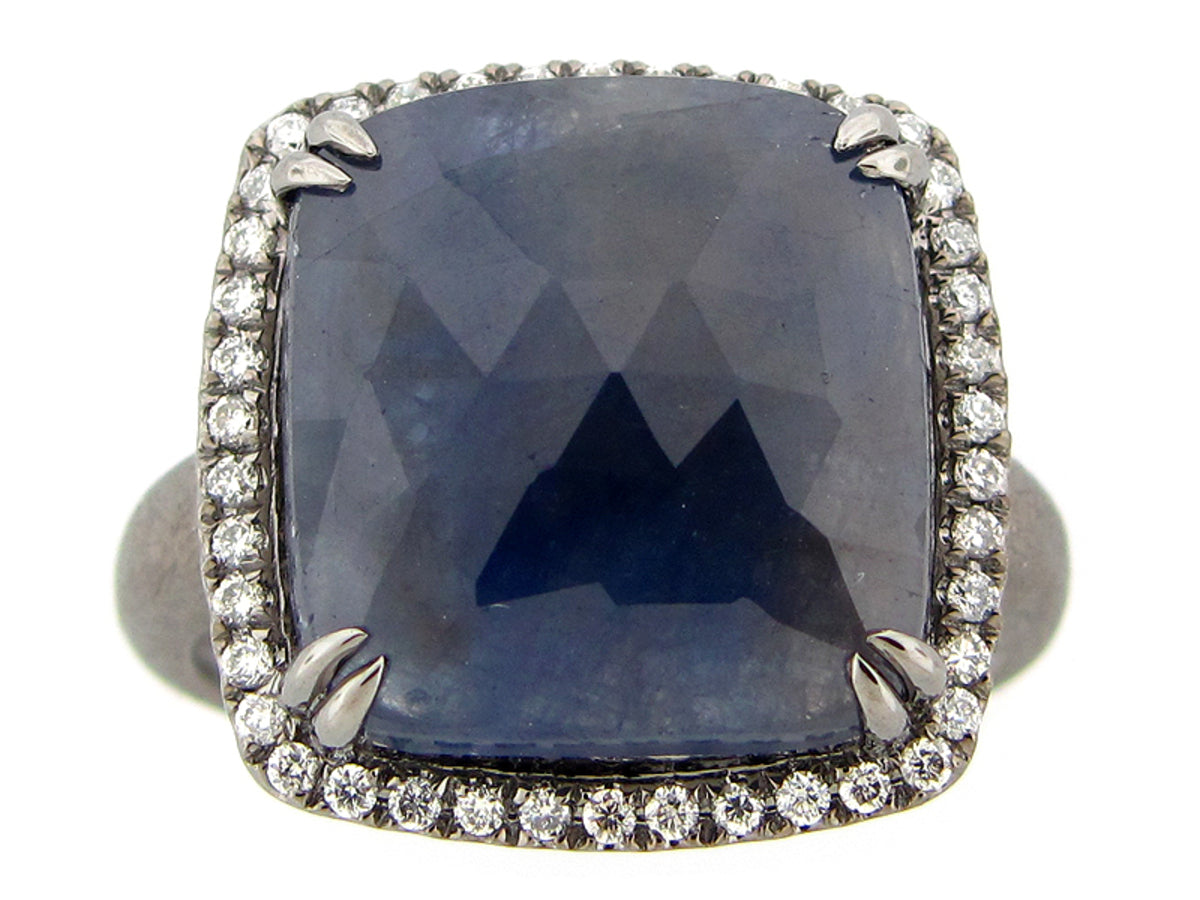 ROSE CUT SAPPHIRE & DIAMOND RING, MATTE BLACK FINISH, 18KW (N)