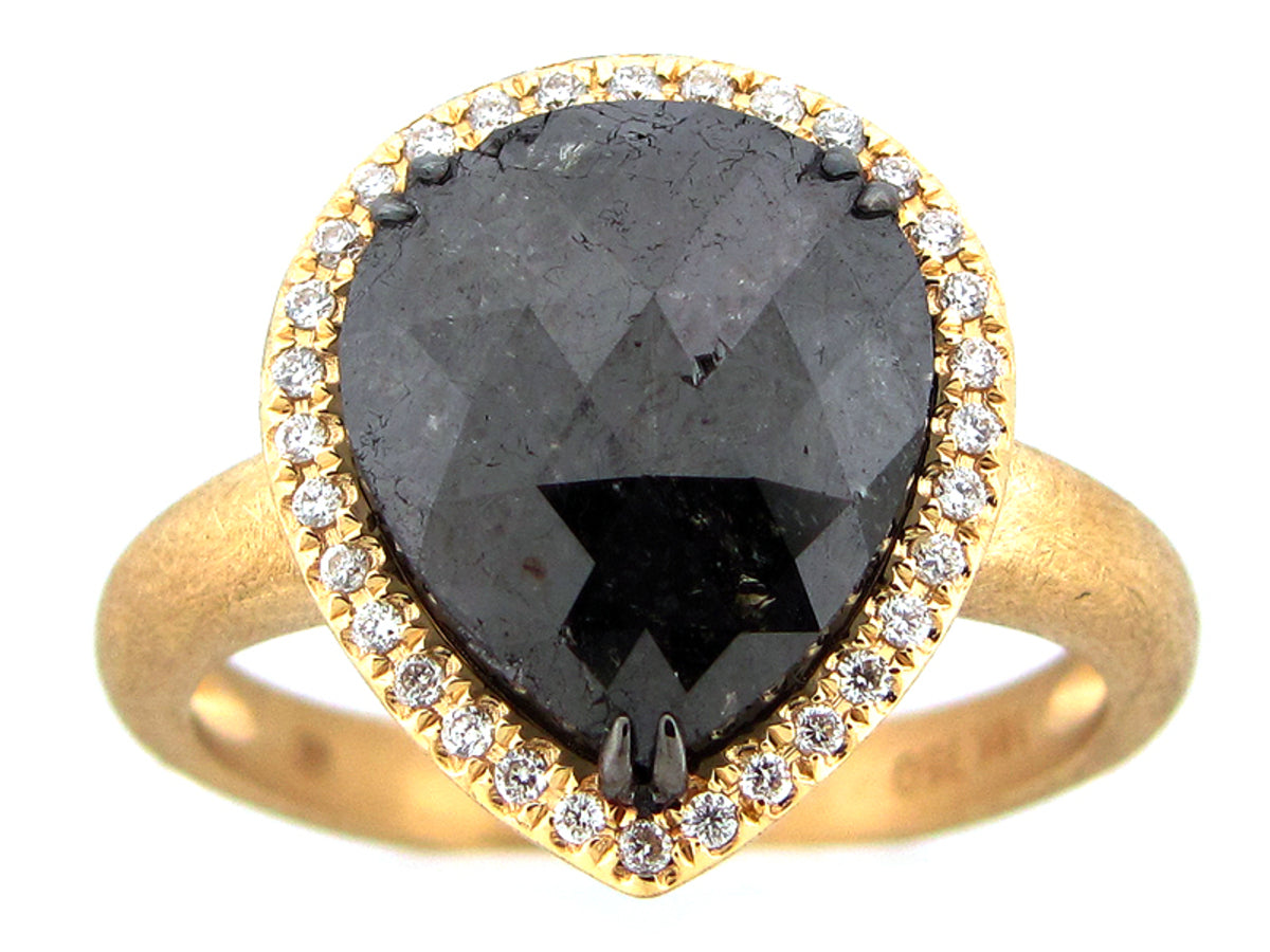 Rough Rose Cut Black White Diamond Ring, Matte Finish, 18ky (R)