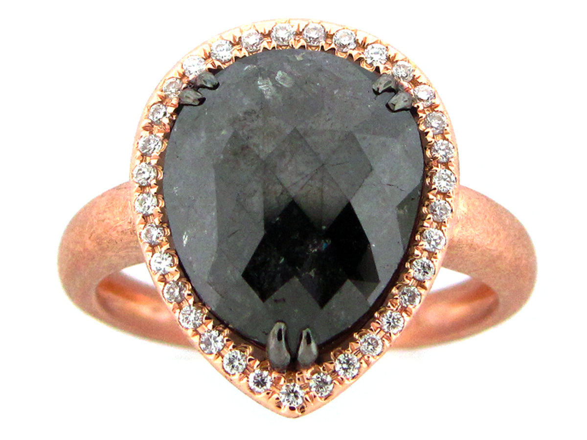 Rough Rose Cut Black White Diamond Ring, Matte Finish, 18kr (R)