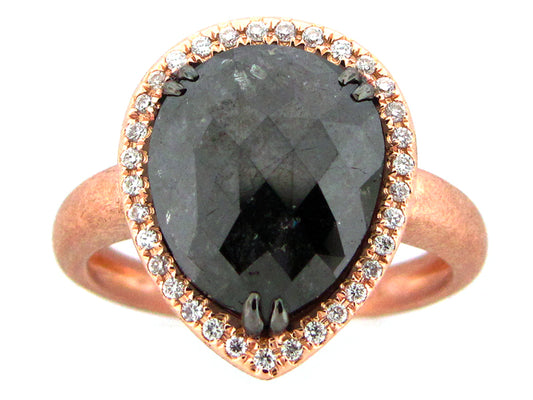 Rough Rose Cut Black White Diamond Ring, Matte Finish, 18kr (R)