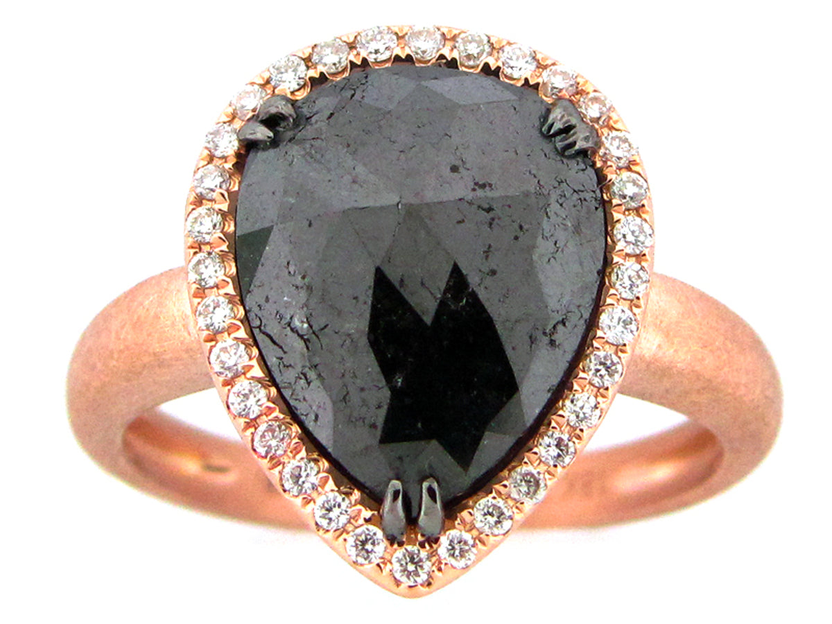 Rough Rose Cut Black White Diamond Ring, Matte Finish, 18kr (R)