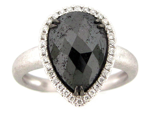 Rough Rose Cut Black White Diamond Ring, Matte Finish, 18kw (R)