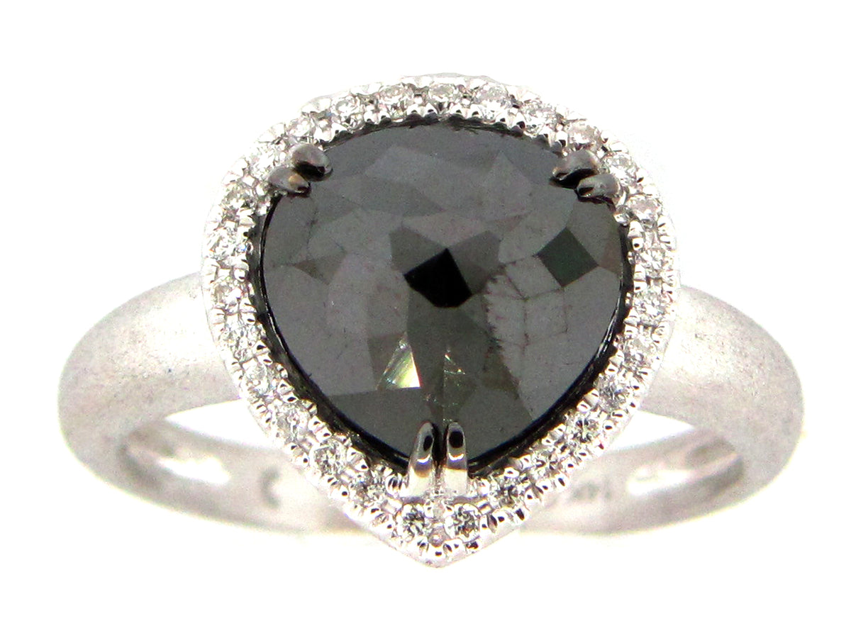 ROSE CUT BLACK & WHITE DIAMOND RING, 14KW (R)