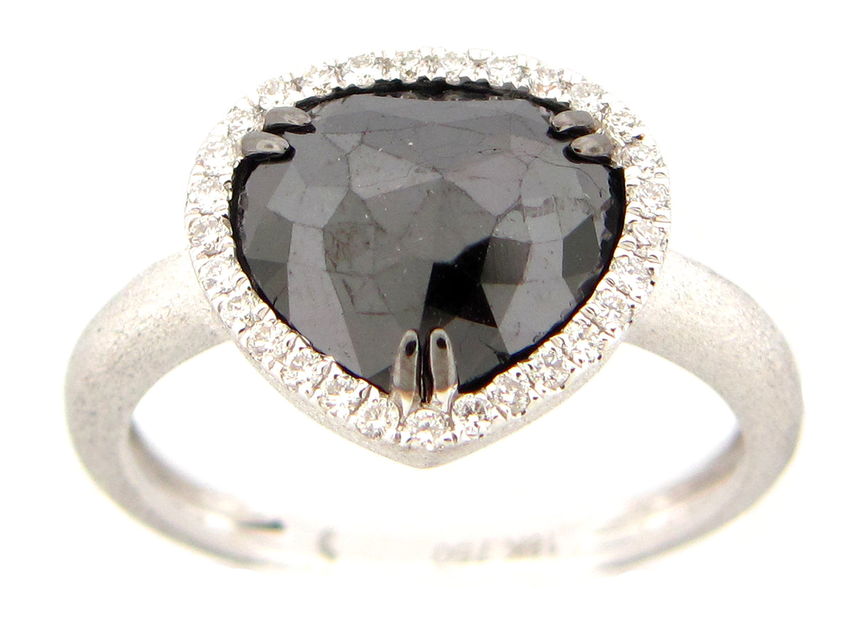 ROSE CUT BLACK & WHITE DIAMOND RING, SATIN FINISH, 18KW (H)