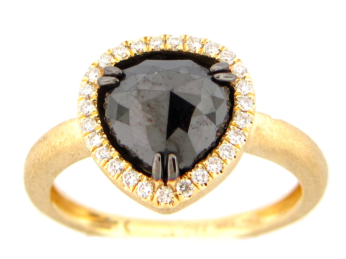 Rose Cut Black White Diamond Ring, Satin Finish, 18ky (H)