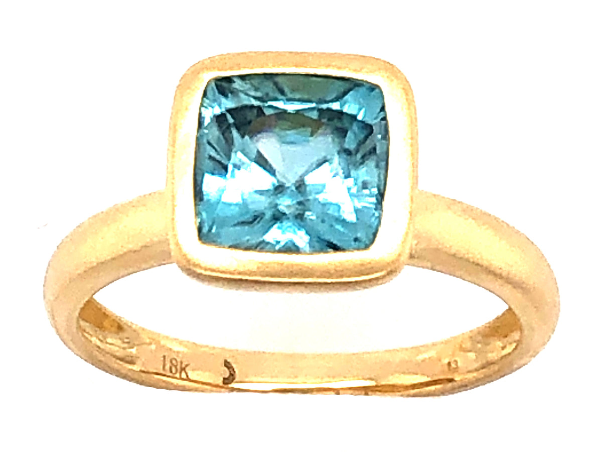 BLUE ZIRCON CUSHION BEZEL RING, SATIN FINISH, 18KY (H)