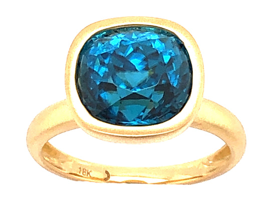 BLUE ZIRCON CUSHION BEZEL RING, SATIN FINISH, 18KY (H)