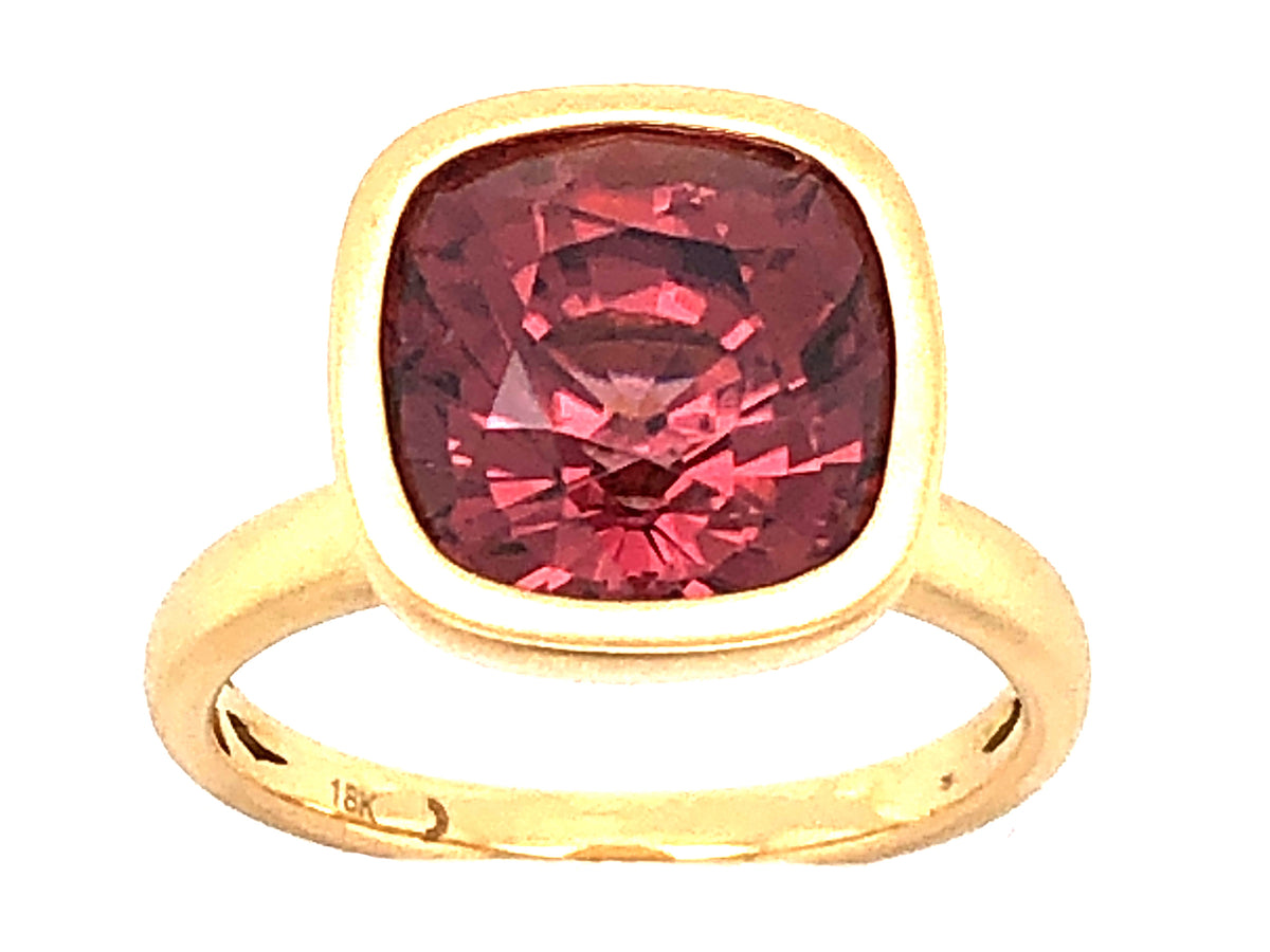 RED ZIRCON CUSHION BEZEL RING, SATIN FINISH, 18KY (H)