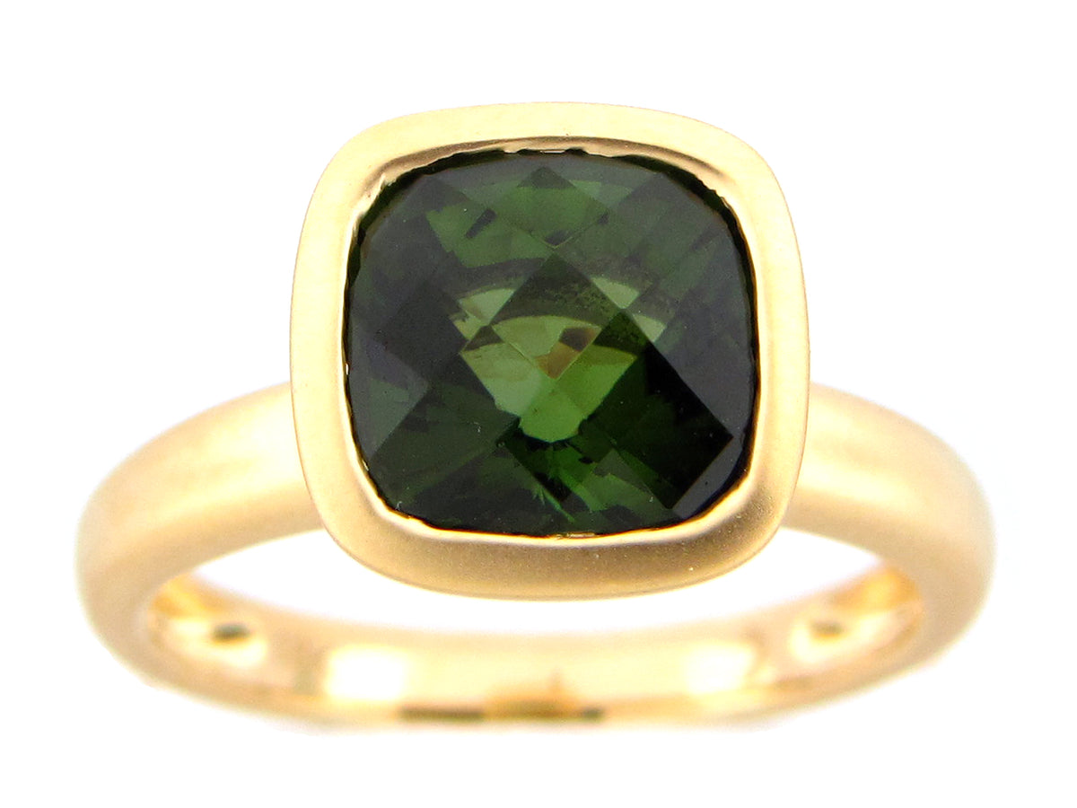 GREEN TOURMALINE CUSHION BEZEL RING ,SATIN FINISH, 18KY (H)