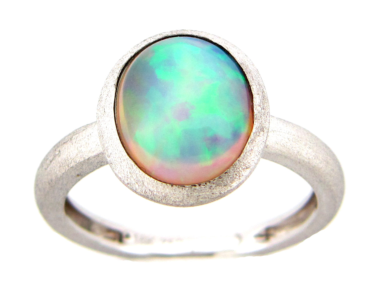 OPAL BEZEL RING, SATIN FINISH, 18KW (O)