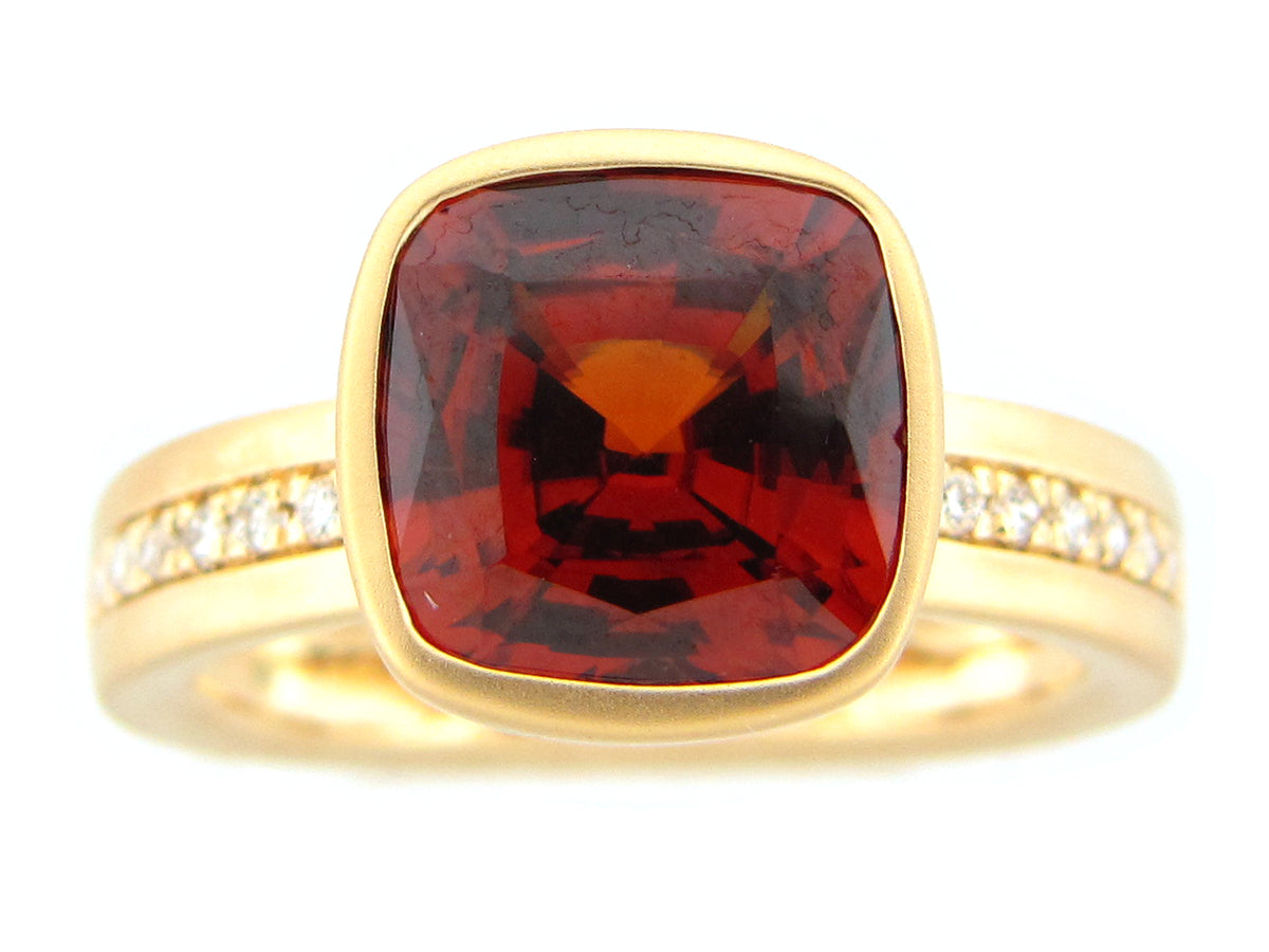 RED ZIRCON CUSHION & DIAMOND BEZEL RING, SATIN FINISH, 18KY (H)